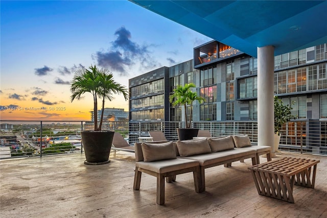 view of patio terrace at dusk