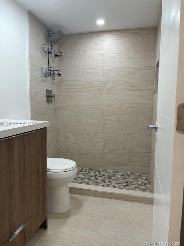 full bathroom featuring toilet, tiled shower, and vanity