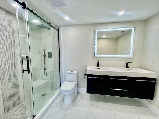 3005 Portofino Isle Unit F3, Coconut Creek, FL 33066 - bathroom with toilet, a shower stall, double vanity, marble finish flooring, and baseboards