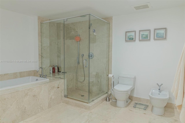 bathroom featuring visible vents, a shower stall, toilet, and a garden tub