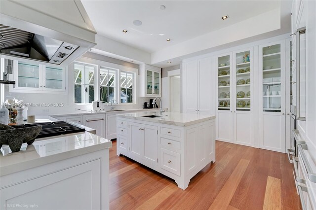 4550 Sunset Dr, Coral Gables, FL 33143 - kitchen with a sink, custom exhaust hood, light wood-type flooring, white cabinetry, and glass insert cabinets