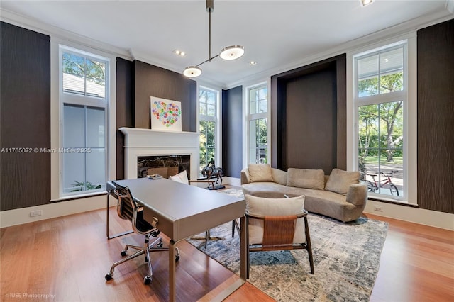 4550 Sunset Dr, Coral Gables, FL 33143 - office with crown molding, plenty of natural light, wood finished floors, a fireplace, and recessed lighting