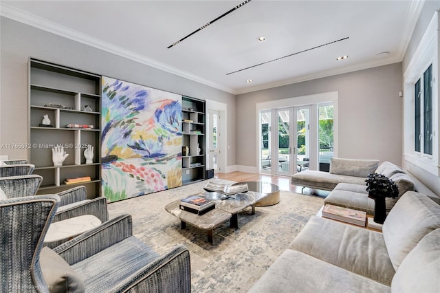 4550 Sunset Dr, Coral Gables, FL 33143 - living room with french doors, crown molding, baseboards, recessed lighting, and wood finished floors