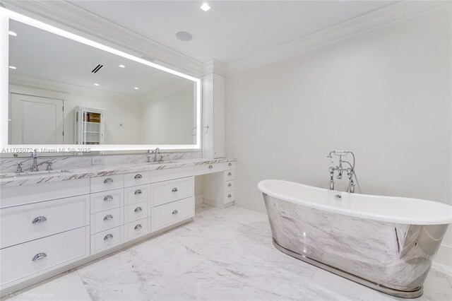 4550 Sunset Dr, Coral Gables, FL 33143 - full bathroom with double vanity, crown molding, marble finish floors, and a freestanding bath