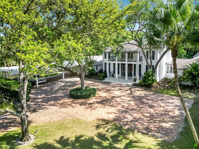 4550 Sunset Dr, Coral Gables, FL 33143 - view of yard featuring curved driveway, covered porch, and a balcony