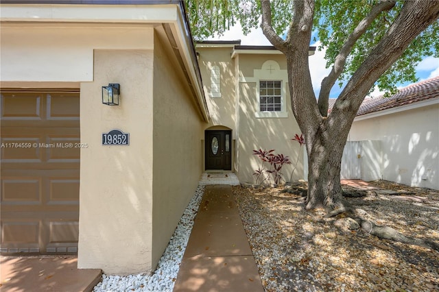 entrance to property featuring stucco siding