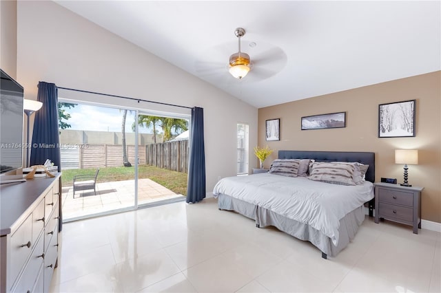 bedroom featuring light tile patterned floors, access to exterior, baseboards, ceiling fan, and vaulted ceiling