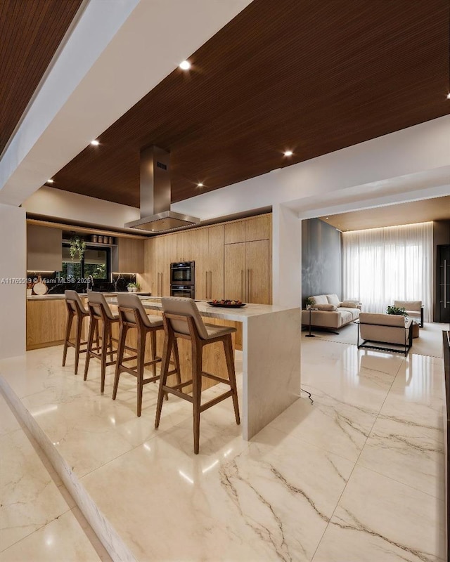 bar featuring recessed lighting, wood ceiling, marble finish floor, and island range hood