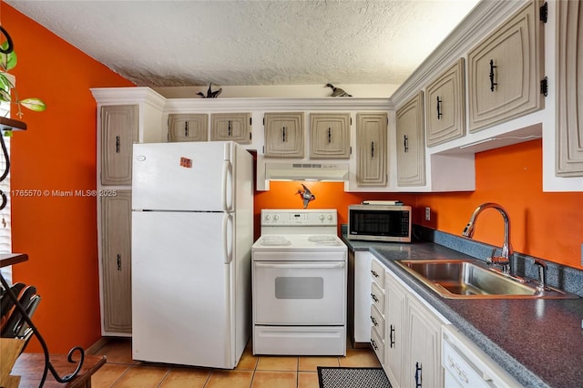 2811 Somerset Dr Unit 405, Lauderdale Lakes, FL 33311 - kitchen with dark countertops, under cabinet range hood, light tile patterned flooring, white appliances, and a sink