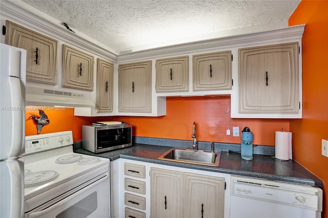 2811 Somerset Dr Unit 405, Lauderdale Lakes, FL 33311 - kitchen with under cabinet range hood, a sink, dark countertops, a textured ceiling, and white appliances