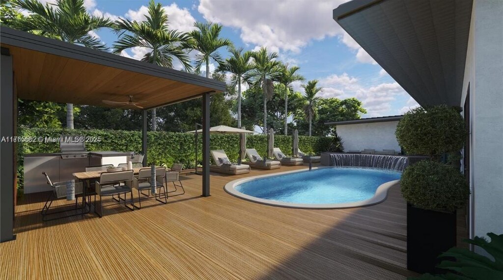1961 NE 186th Dr, North Miami Beach, FL 33179 - outdoor pool with outdoor dining space and a wooden deck