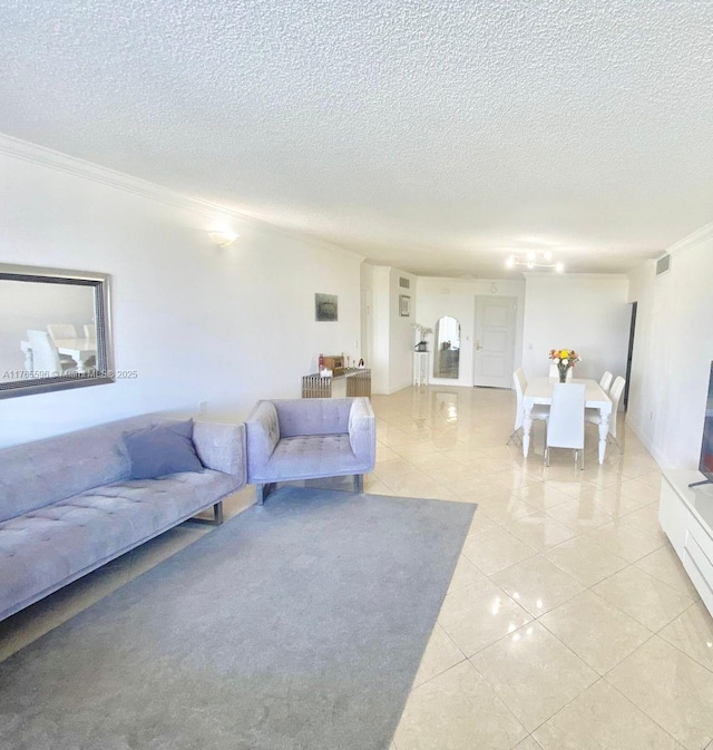 9801 Collins Ave Unit 8M, Bal Harbour, FL 33154 - living room with ornamental molding, a textured ceiling, and light tile patterned floors
