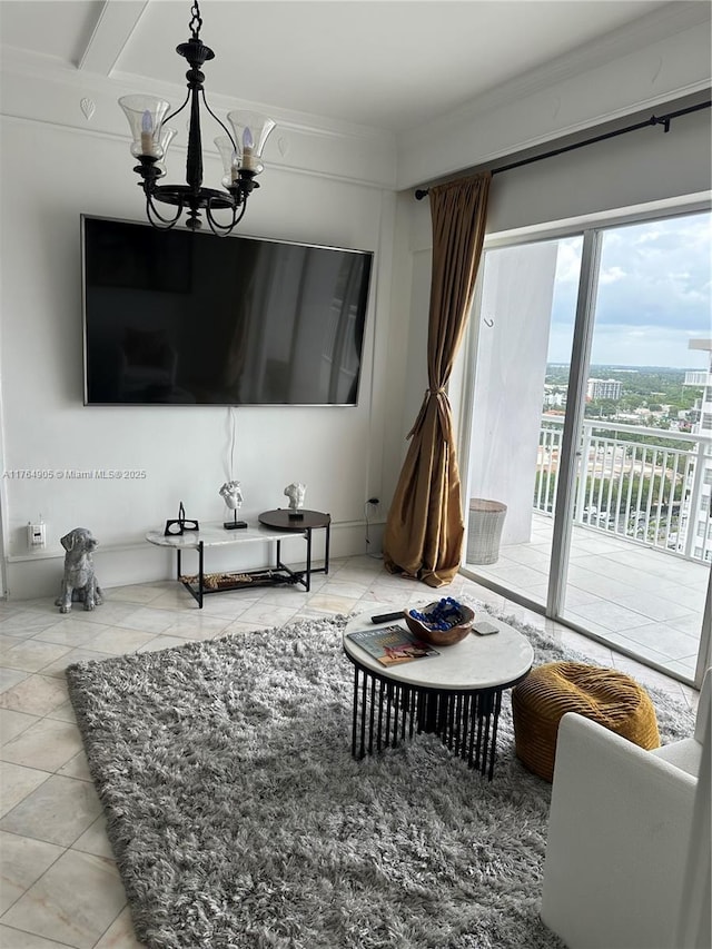 18041 Biscayne Blvd Unit Ph02, Aventura, FL 33160 - tiled living area with crown molding and a chandelier