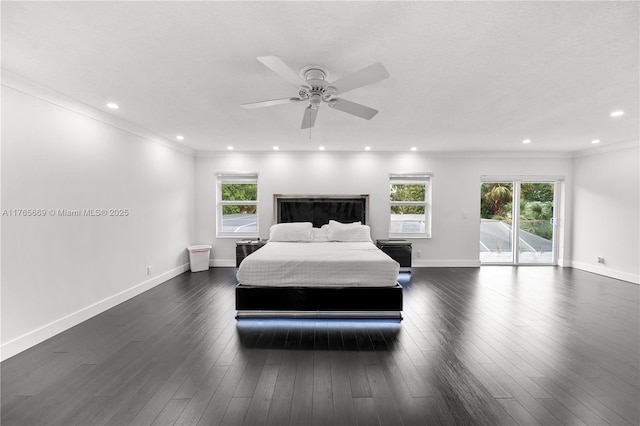 bedroom featuring access to outside, recessed lighting, crown molding, baseboards, and dark wood-style flooring