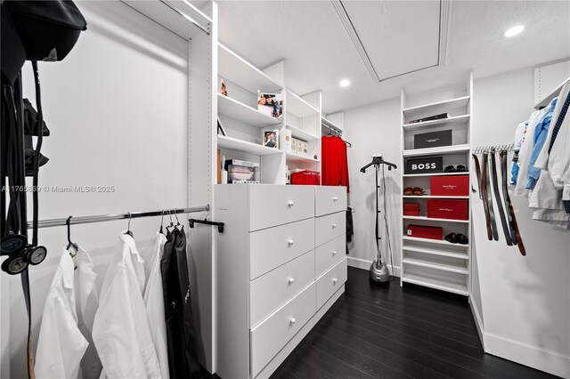 walk in closet featuring attic access and dark wood finished floors