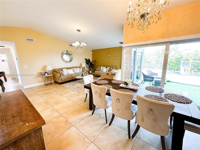 dining space featuring a notable chandelier, vaulted ceiling, light tile patterned floors, baseboards, and visible vents