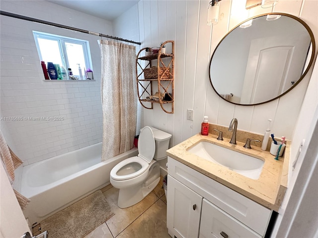bathroom with shower / bathtub combination with curtain, toilet, tile patterned flooring, and vanity