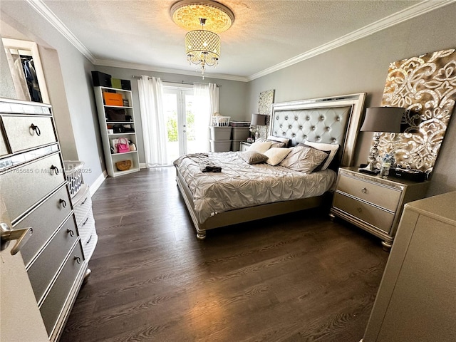 bedroom featuring dark wood-style floors, access to outside, french doors, and ornamental molding