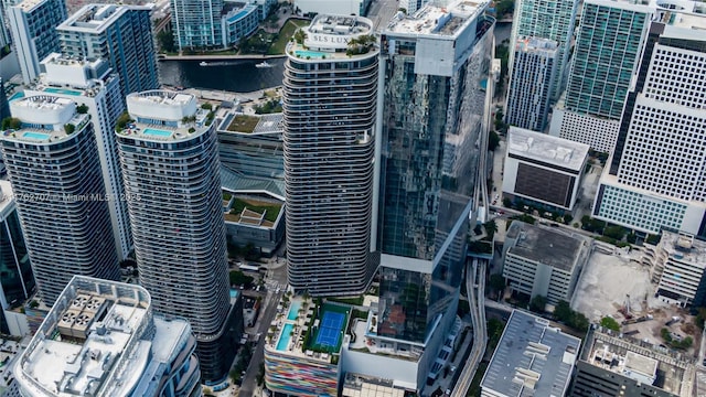 drone / aerial view with a water view and a view of city