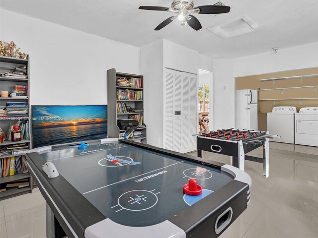 4401 Johnson St, Hollywood, FL 33021 - playroom with washing machine and clothes dryer, light tile patterned floors, attic access, and ceiling fan