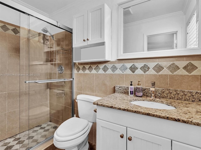 4401 Johnson St, Hollywood, FL 33021 - bathroom with vanity, tile walls, a stall shower, and ornamental molding