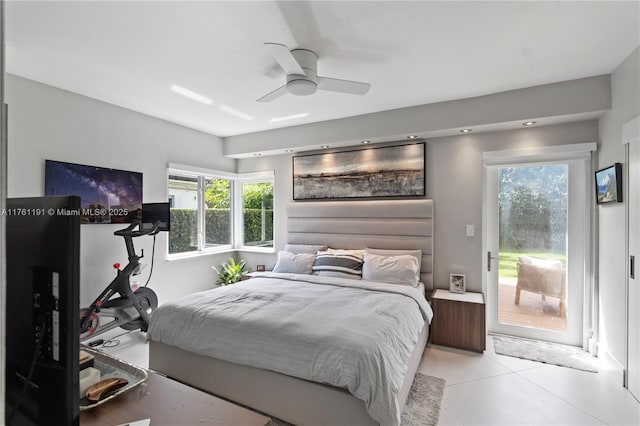 bedroom featuring ceiling fan, access to outside, and light tile patterned floors
