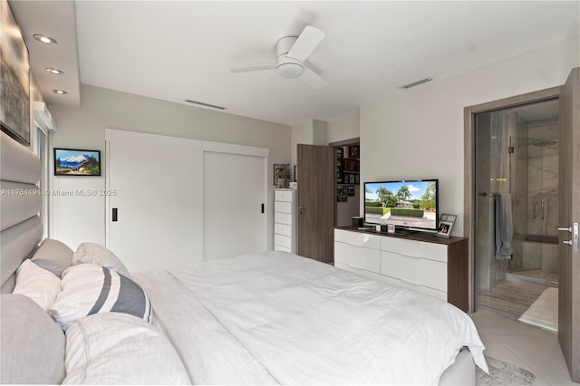 bedroom with a closet, visible vents, ceiling fan, recessed lighting, and light tile patterned floors