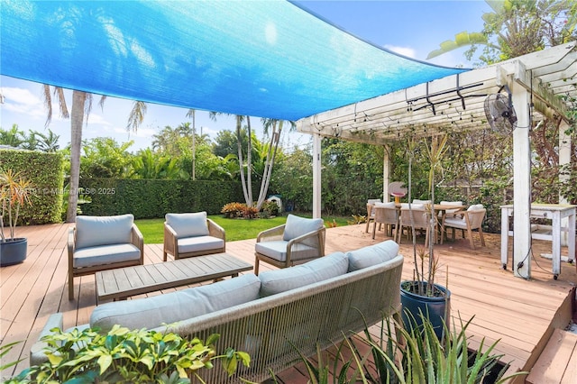 deck with a pergola, an outdoor living space, and outdoor dining space