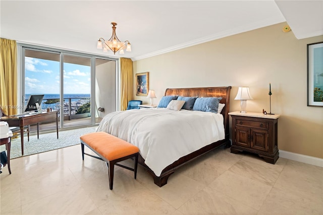 bedroom featuring a notable chandelier, a wall of windows, access to outside, baseboards, and ornamental molding