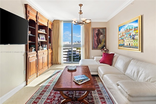 living area with light tile patterned flooring, a chandelier, crown molding, baseboards, and expansive windows