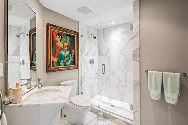 bathroom with vanity, a marble finish shower, toilet, marble finish floor, and visible vents