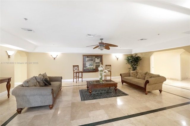 1650 Coral Way Unit Ph-9, Miami, FL 33145 - living area with ceiling fan, baseboards, arched walkways, and light tile patterned floors