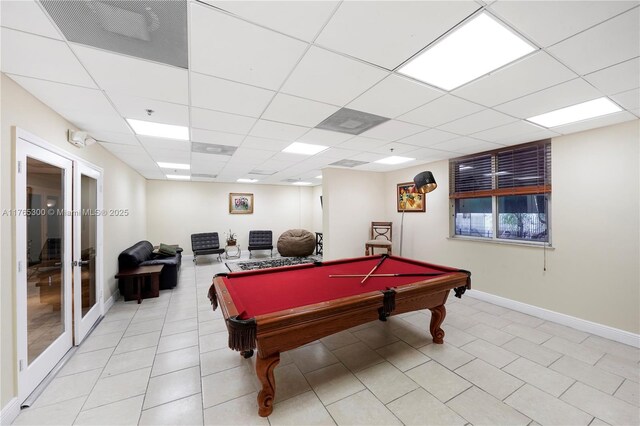 1650 Coral Way Unit Ph-9, Miami, FL 33145 - rec room featuring a drop ceiling, baseboards, light tile patterned floors, french doors, and billiards table