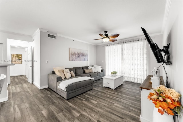 6831 SW 44th St Unit 112, Miami, FL 33155 - living area with baseboards, visible vents, dark wood finished floors, ceiling fan, and crown molding