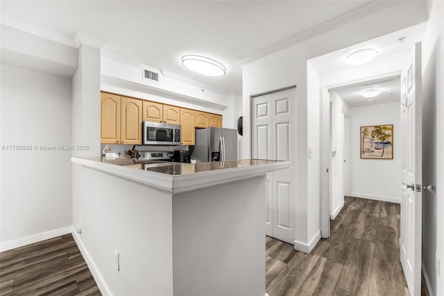 6831 SW 44th St Unit 112, Miami, FL 33155 - kitchen with visible vents, light brown cabinets, stainless steel appliances, a peninsula, and dark wood-style flooring