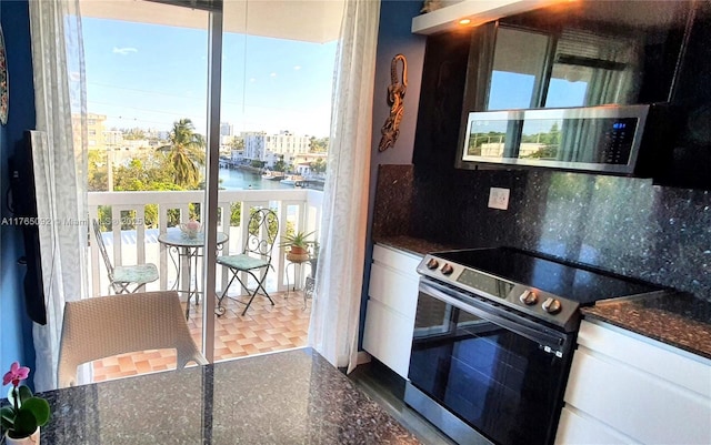 8530 Byron Ave Unit 502, Miami Beach, FL 33141 - kitchen featuring appliances with stainless steel finishes, white cabinets, tasteful backsplash, a water view, and dark stone counters