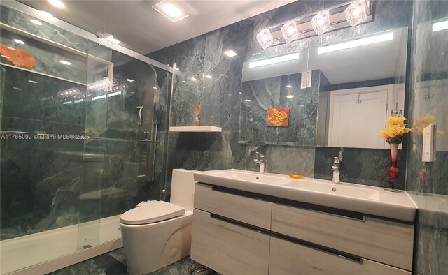 8530 Byron Ave Unit 502, Miami Beach, FL 33141 - full bathroom featuring tile walls, a shower stall, double vanity, and tasteful backsplash