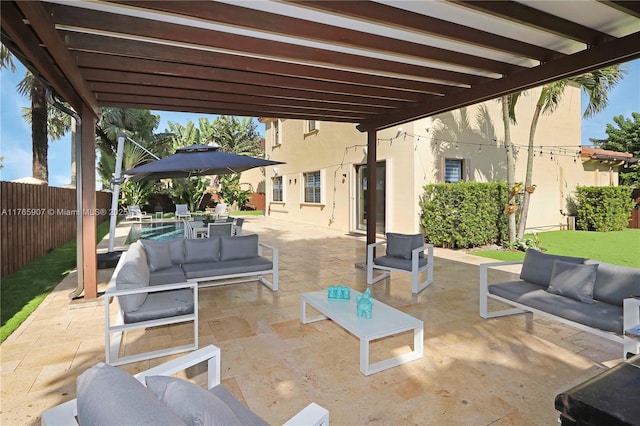 view of patio / terrace featuring outdoor lounge area, outdoor dining area, and fence