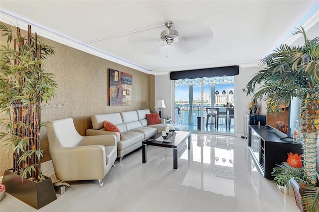 410 Golden Isles Dr Unit 603, Hallandale Beach, FL 33009 - tiled living area featuring ceiling fan, ornamental molding, and wallpapered walls