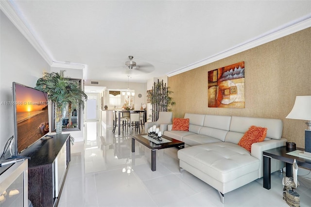 410 Golden Isles Dr Unit 603, Hallandale Beach, FL 33009 - living area featuring wallpapered walls, ornamental molding, and ceiling fan
