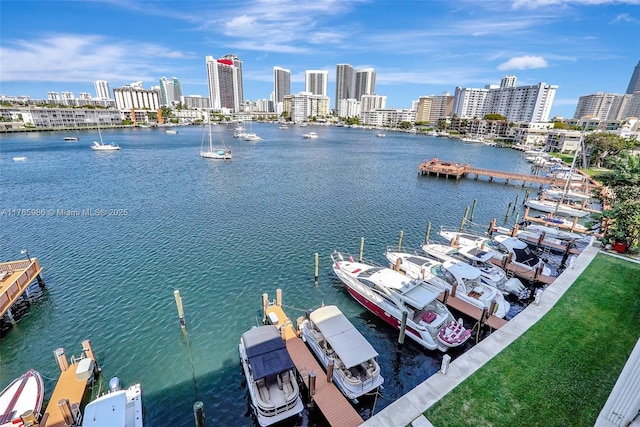 410 Golden Isles Dr Unit 603, Hallandale Beach, FL 33009 - view of water feature featuring a city view and a dock