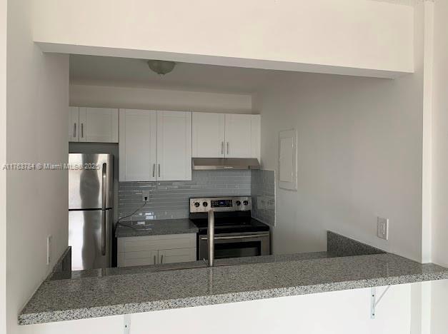 13390 NE 7th Ave Unit 308, North Miami, FL 33161 - kitchen with under cabinet range hood, appliances with stainless steel finishes, a peninsula, white cabinets, and decorative backsplash