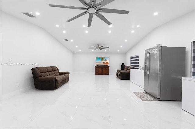 18650 SW 127th Ct, Miami, FL 33177 - living room with vaulted ceiling, a ceiling fan, recessed lighting, and light marble finish flooring