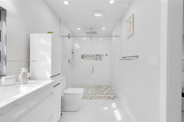 18650 SW 127th Ct, Miami, FL 33177 - full bathroom with a marble finish shower, recessed lighting, vanity, and marble finish flooring