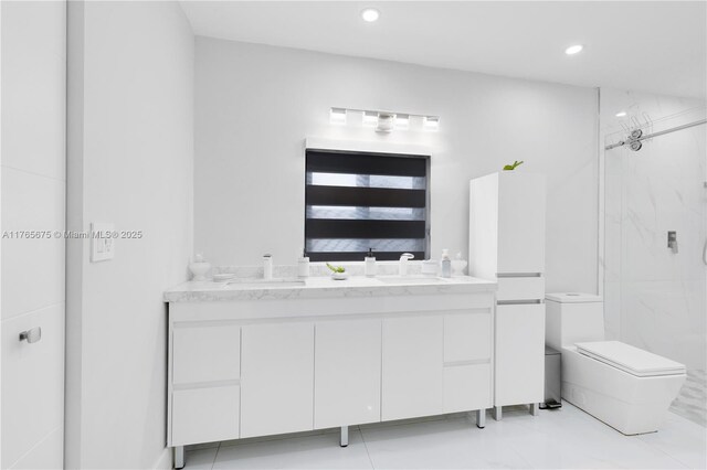 18650 SW 127th Ct, Miami, FL 33177 - full bath featuring a marble finish shower, double vanity, and recessed lighting