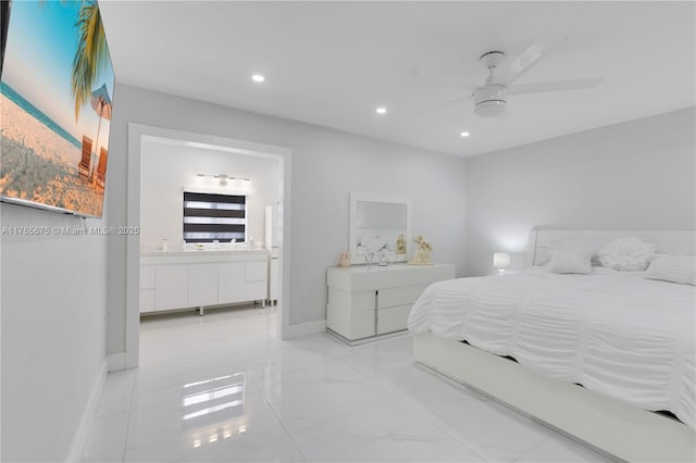 18650 SW 127th Ct, Miami, FL 33177 - bedroom with recessed lighting, light marble finish floors, ensuite bathroom, and ceiling fan