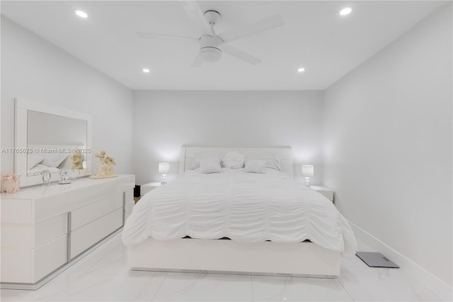 18650 SW 127th Ct, Miami, FL 33177 - bedroom featuring recessed lighting, light marble finish floors, and a ceiling fan