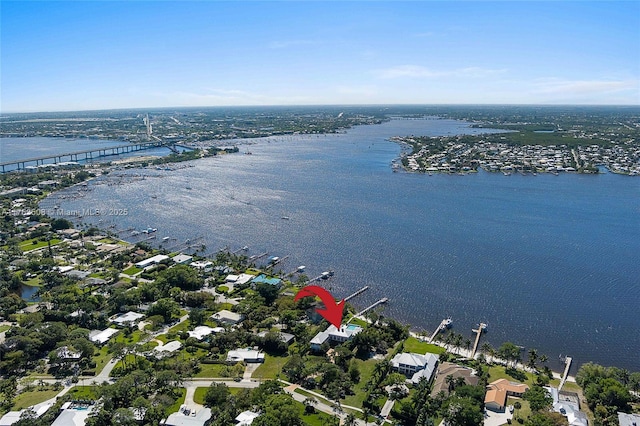 aerial view featuring a water view