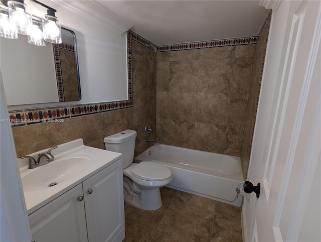 bathroom featuring vanity, an inviting chandelier, crown molding, tile walls, and toilet