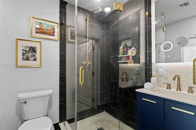 5233 NE 4th Ave, Oakland Park, FL 33334 - full bathroom featuring vanity, toilet, decorative backsplash, a shower stall, and visible vents